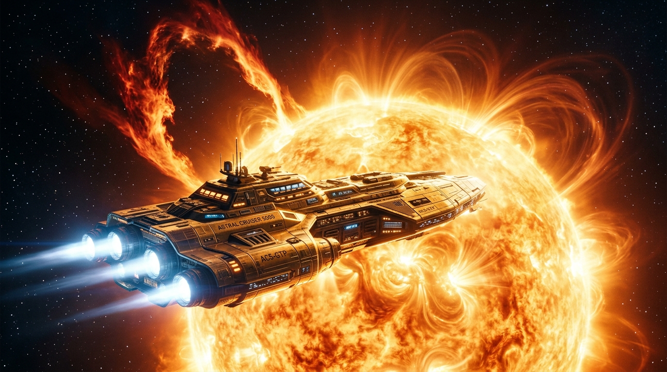 Astral Cruiser 5000 Starship orbiting near the Sun